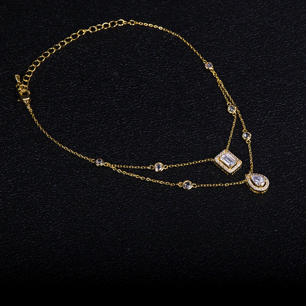 Women's Fashion Micro Pave Cubic Zirconia Double Chain Women Barefoot Sandals Anklet, Fashion Foot Chain Jewelry HXJ002