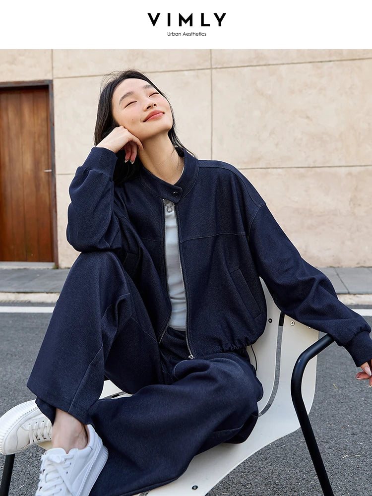 VIMLY 2 Piece Pant Set Woman Casual Outfits Women's Pant Suit 2025 Blue Stand-up Collar Jacket and Trouser Female Clothing A0119