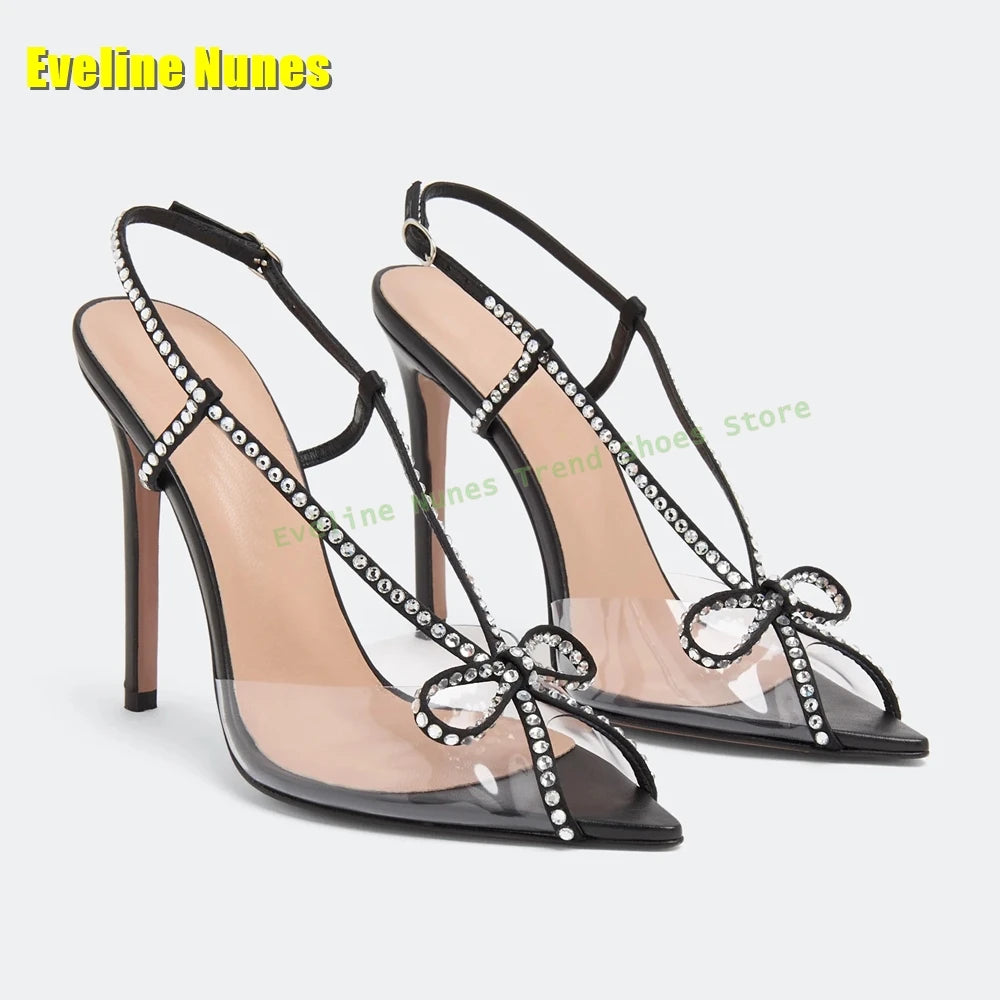 Bowknot Rhinestone Transparent Pvc Sandals Peep Toe Stiletto Side Air Patchwork Sexy Slingback High Heels Party 2025 Summer Shoe