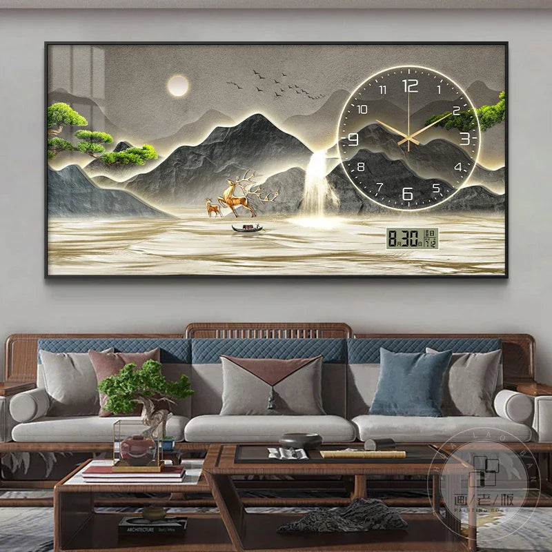 New Home Decor Wall Clock Living Room Decoration Landscape Painting Perpetual Calendar Timepiece Wall Decoration
