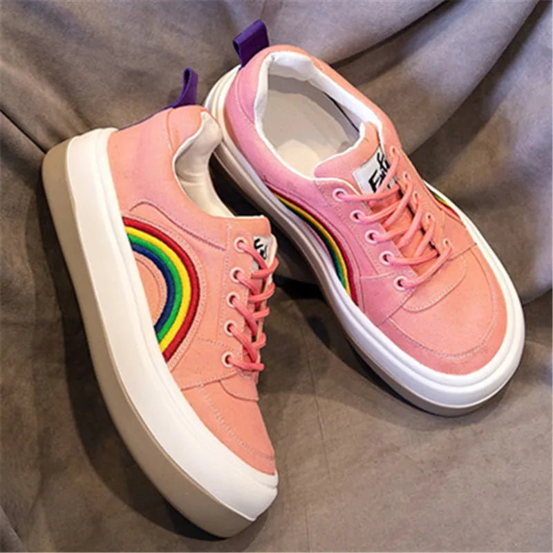 2025 Women's Casual Shoes Rainbow Thick Sole Canvas Shoes Female Student Leisure Fashion Shoes