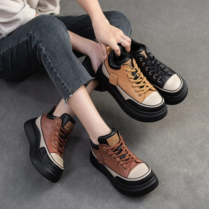 2025 New 4.5cm Genuine Leather Women's Retro Flat Sneakers Autumn Fashion Platform Shoes Ladies Casual Shoes Comfortable Flats