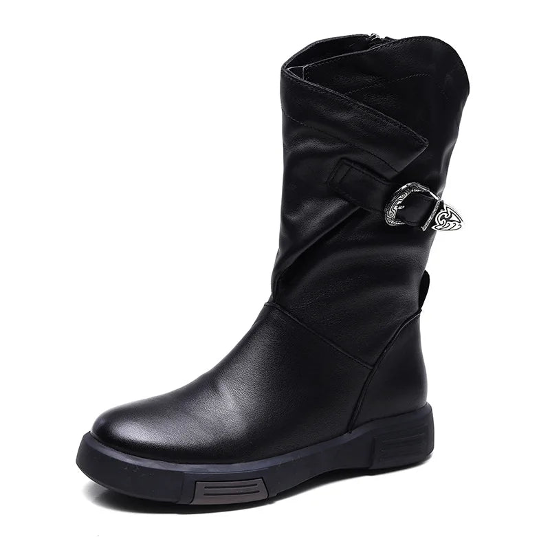 2025 Luxury Design Genuine Cow Leather Mid-Calf Boots Women Flat Side Zipper Round Toe Autumn Winter Warm Knight Boots