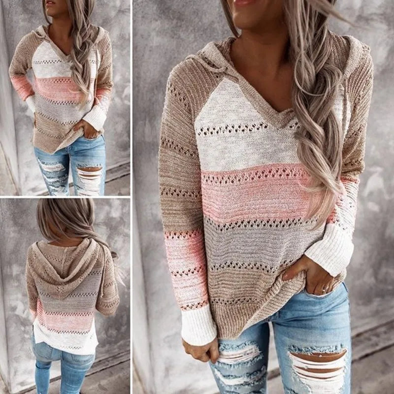 Women Patchwork Hooded Sweater Casual Long Sleeve Knitted Sweater Top Striped Elegant Pullover Jumpers Autumn Winter Plus Size