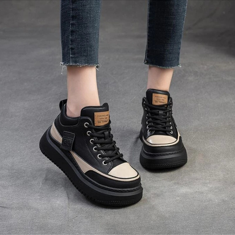 2025 New 4.5cm Genuine Leather Women's Retro Flat Sneakers Autumn Fashion Platform Shoes Ladies Casual Shoes Comfortable Flats