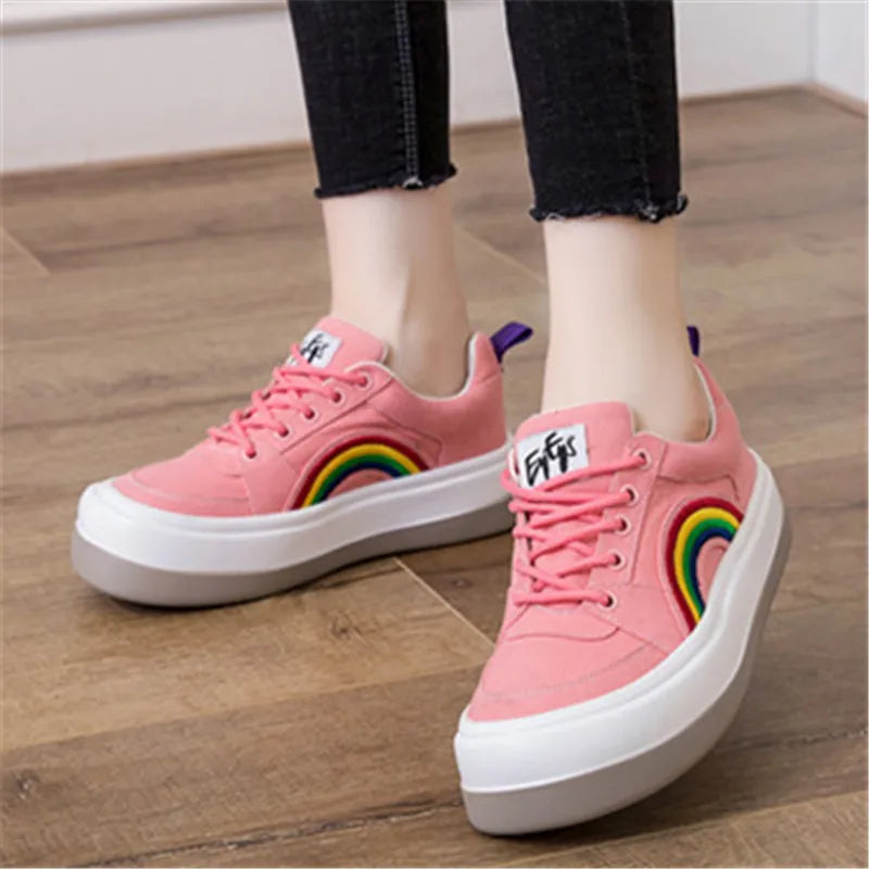 2025 Women's Casual Shoes Rainbow Thick Sole Canvas Shoes Female Student Leisure Fashion Shoes