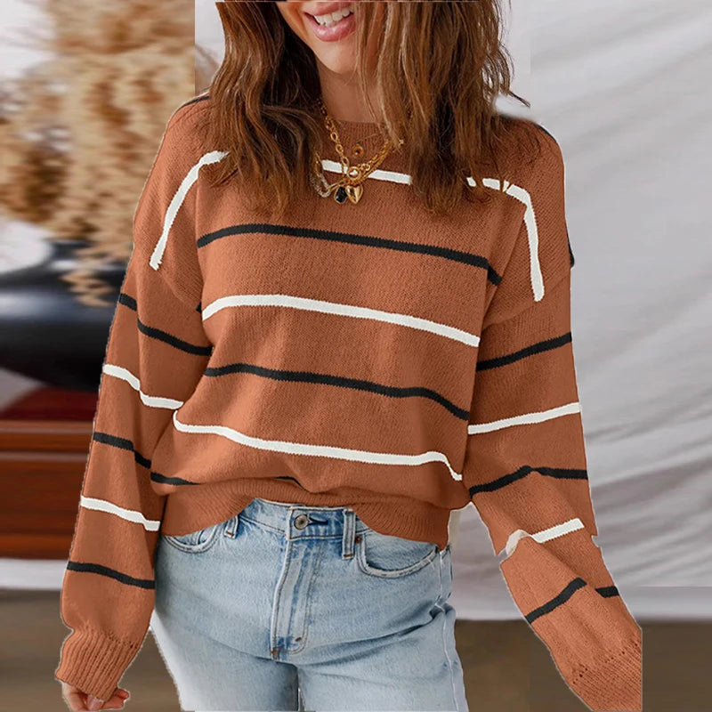 Colorful Striped Sweater For Women Loose Knitted Pullover O Neck Long Sleeve Casual Autumn Winter Jumper Tops