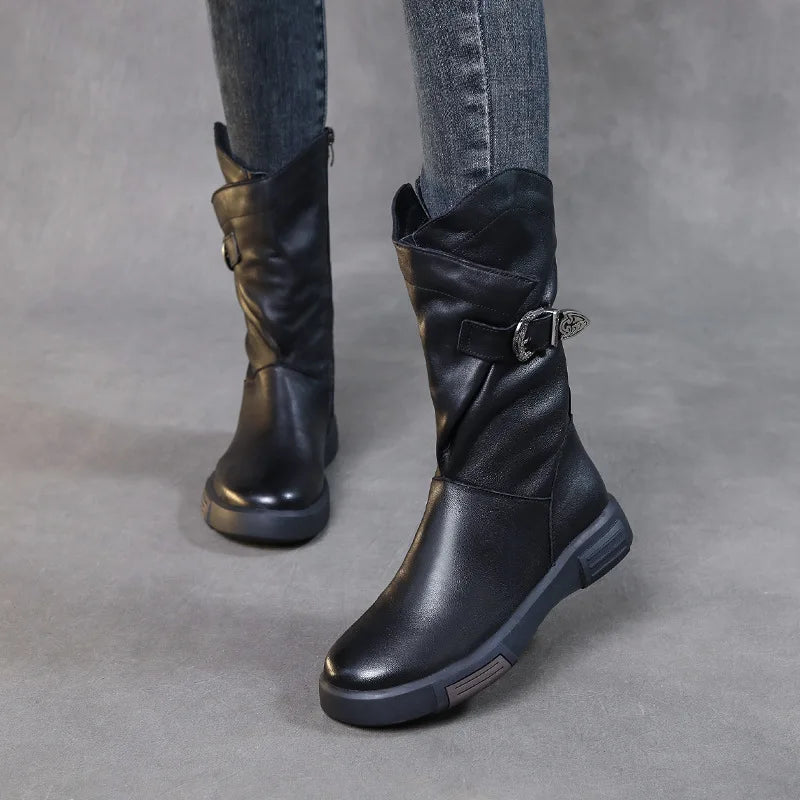 2025 Luxury Design Genuine Cow Leather Mid-Calf Boots Women Flat Side Zipper Round Toe Autumn Winter Warm Knight Boots
