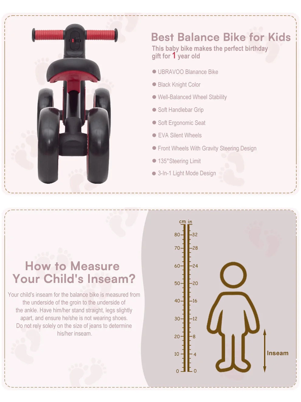 Ubravoo Baby Slide Balance Bike for 12-24 Months,3-Mode Headlight & 4 Transparent Silence Wheels, Riding on Toys Birthday Gifts