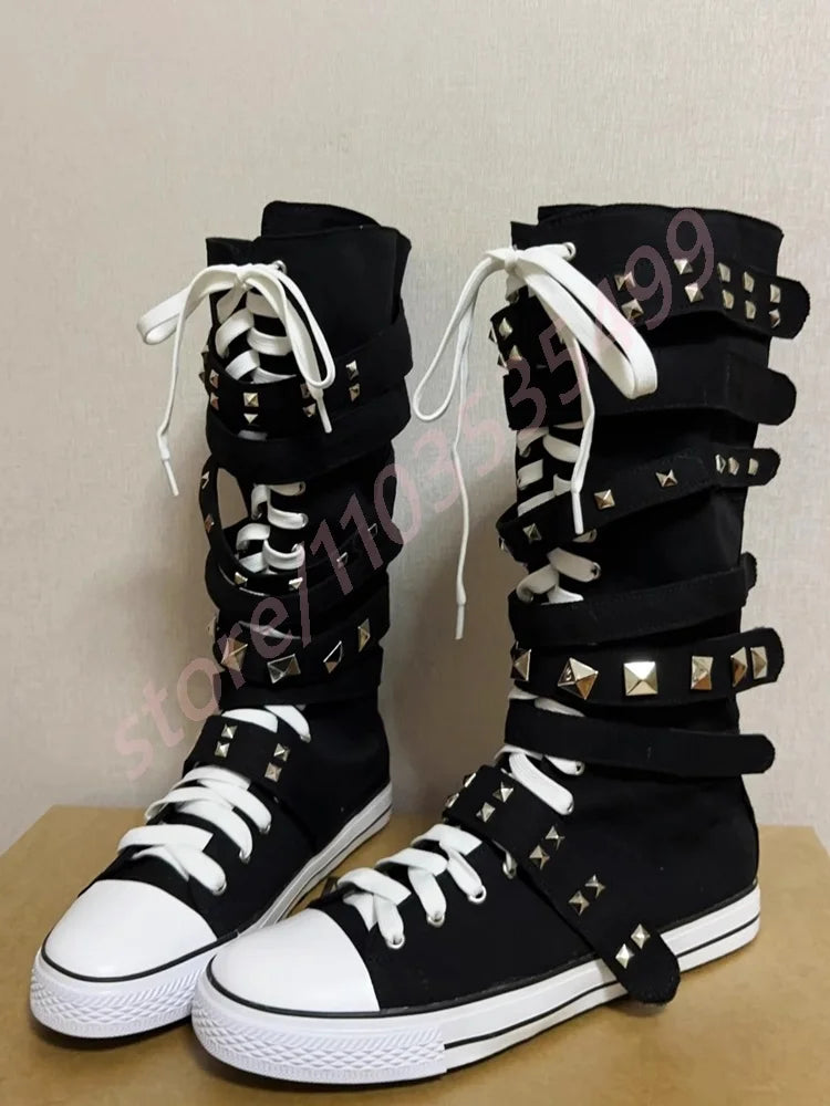 New Style Belt Buckle Rivet Canvas Boots 2025 New Round Punk Lace-Up Boots Black Street Fashion Ladies Flat Party Casual Boots