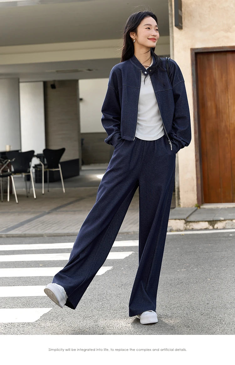 VIMLY 2 Piece Pant Set Woman Casual Outfits Women's Pant Suit 2025 Blue Stand-up Collar Jacket and Trouser Female Clothing A0119