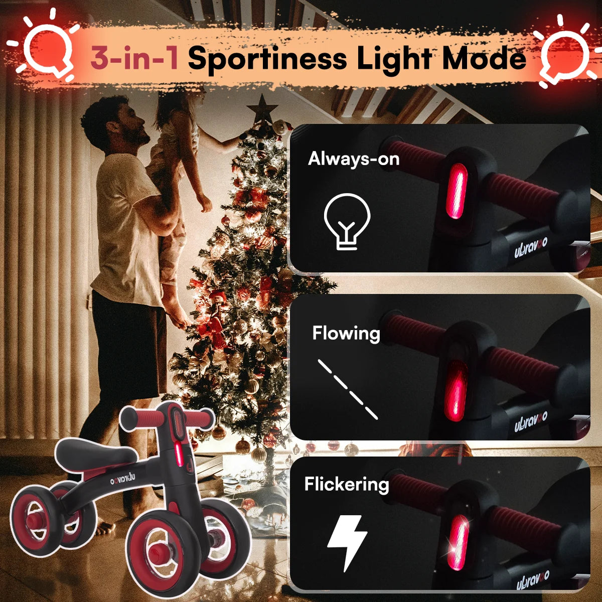 Ubravoo Baby Slide Balance Bike for 12-24 Months,3-Mode Headlight & 4 Transparent Silence Wheels, Riding on Toys Birthday Gifts