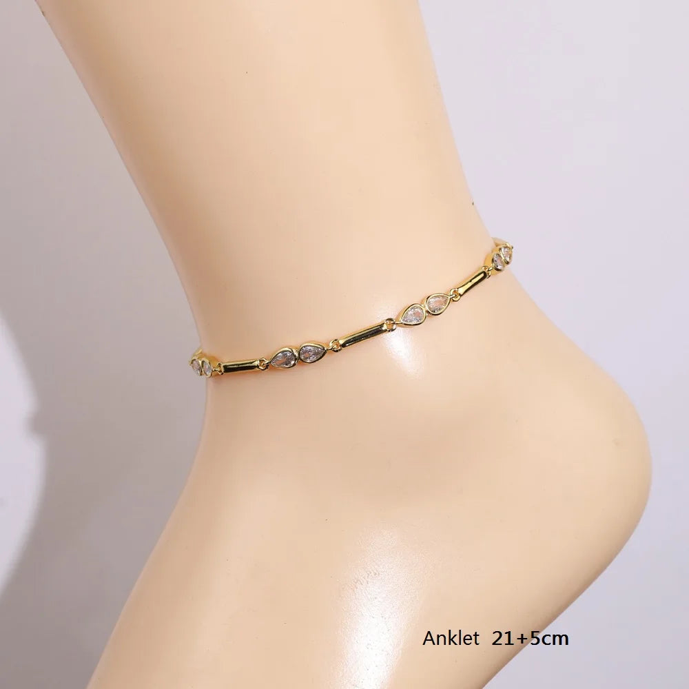 2025 New Arrived Fashion Geometric Bar Tear Drop Cubic Zirconia CZ Link Chain Anklet Women Gold Color Foot Jewelry