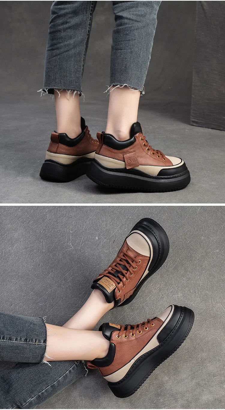 2025 New 4.5cm Genuine Leather Women's Retro Flat Sneakers Autumn Fashion Platform Shoes Ladies Casual Shoes Comfortable Flats