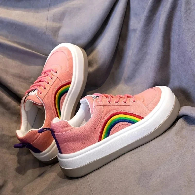 2025 Women's Casual Shoes Rainbow Thick Sole Canvas Shoes Female Student Leisure Fashion Shoes