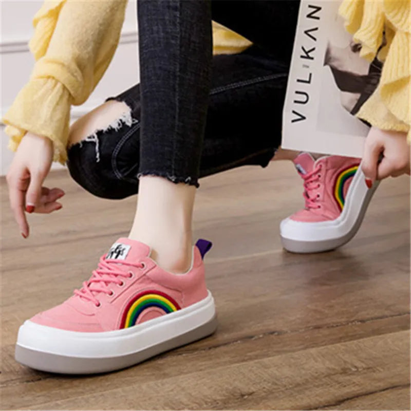 2025 Women's Casual Shoes Rainbow Thick Sole Canvas Shoes Female Student Leisure Fashion Shoes