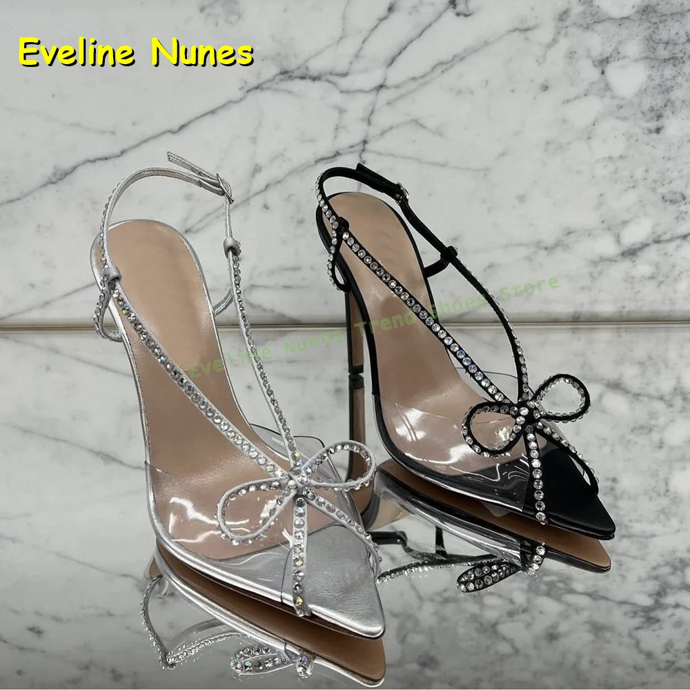Bowknot Rhinestone Transparent Pvc Sandals Peep Toe Stiletto Side Air Patchwork Sexy Slingback High Heels Party 2025 Summer Shoe