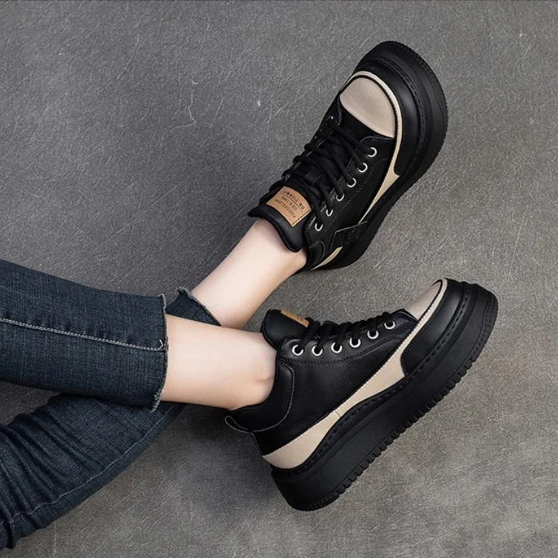 2025 New 4.5cm Genuine Leather Women's Retro Flat Sneakers Autumn Fashion Platform Shoes Ladies Casual Shoes Comfortable Flats