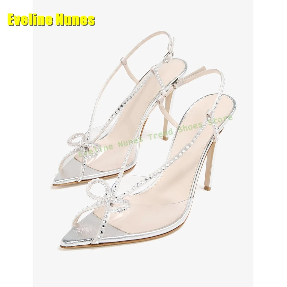 Bowknot Rhinestone Transparent Pvc Sandals Peep Toe Stiletto Side Air Patchwork Sexy Slingback High Heels Party 2025 Summer Shoe