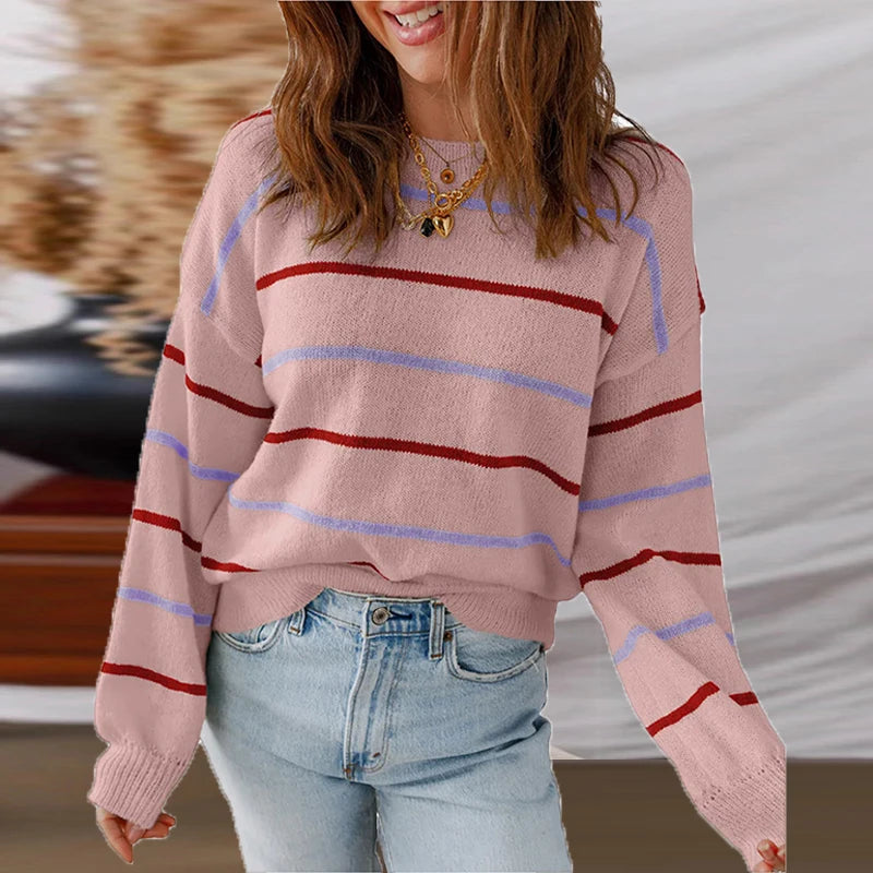 Colorful Striped Sweater For Women Loose Knitted Pullover O Neck Long Sleeve Casual Autumn Winter Jumper Tops
