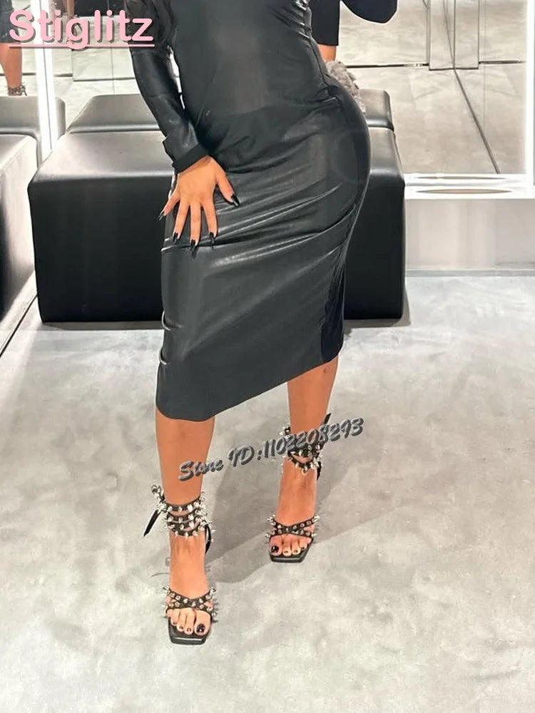 Sexy Rivet Thin Heels Sandals Black Square Toe Shallow Spikes Buckle Strap Stiletto Gladiator 2025 Summer New Women Fashion Shoe