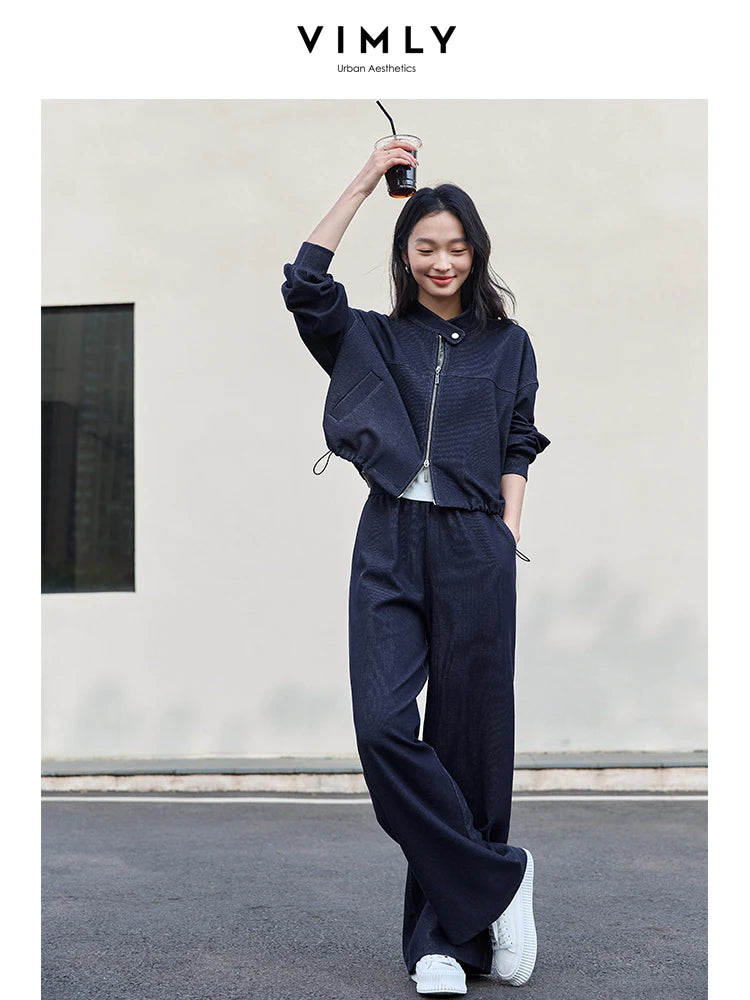 VIMLY 2 Piece Pant Set Woman Casual Outfits Women's Pant Suit 2025 Blue Stand-up Collar Jacket and Trouser Female Clothing A0119