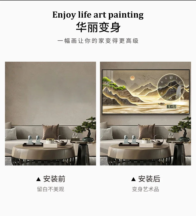 New Home Decor Wall Clock Living Room Decoration Landscape Painting Perpetual Calendar Timepiece Wall Decoration