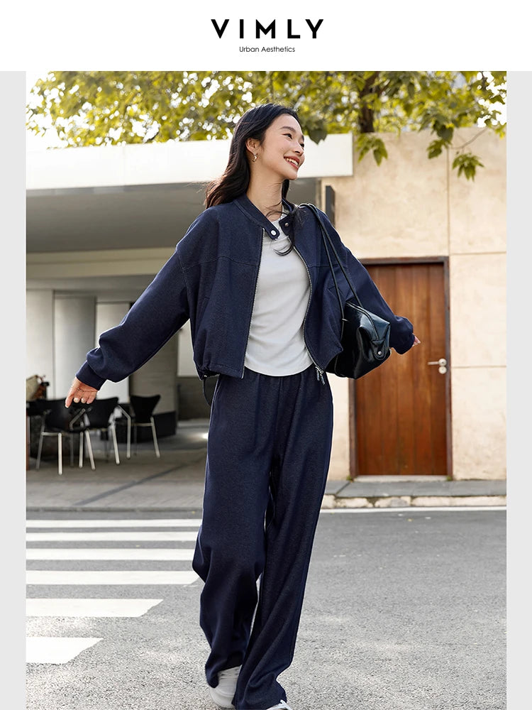 VIMLY 2 Piece Pant Set Woman Casual Outfits Women's Pant Suit 2025 Blue Stand-up Collar Jacket and Trouser Female Clothing A0119