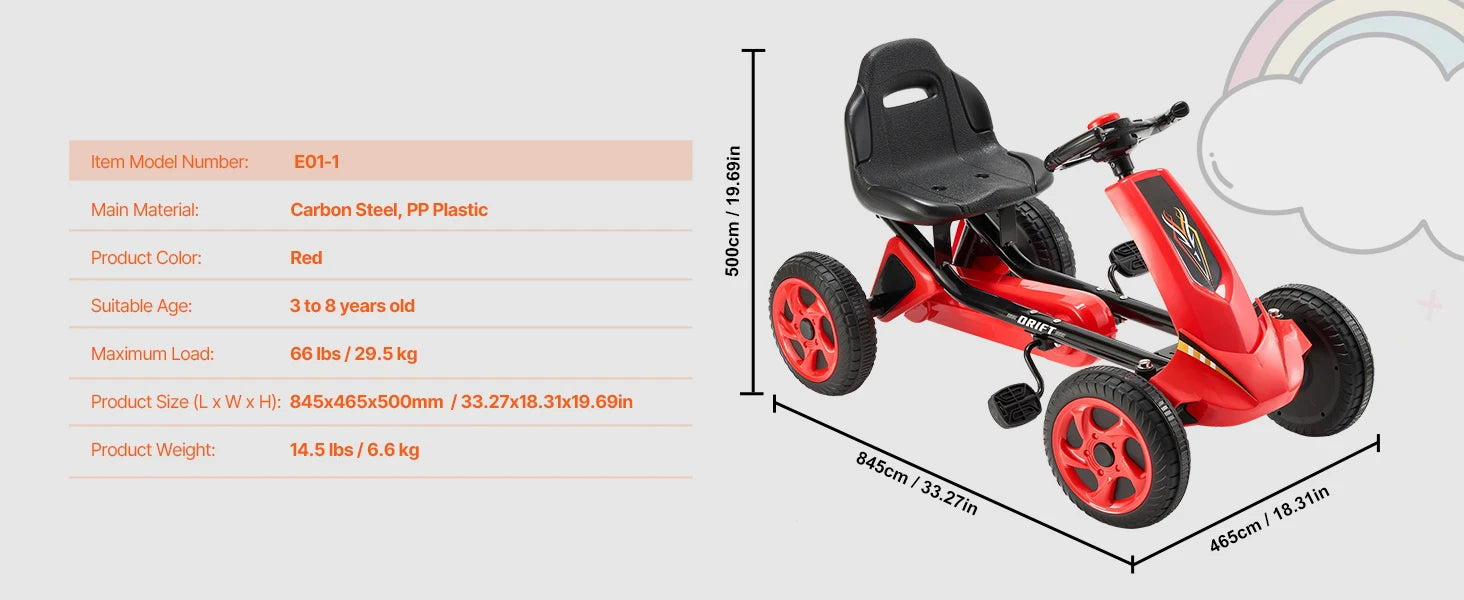 SucceBuy 66lbs Kids Pedal Go Kart 4 Wheel Off-Road Pedal Ride On Toys with Adjustable Seat Outdoor Racer Pedal Car for Boys
