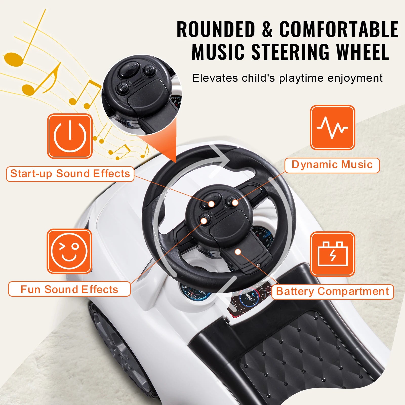 SucceBuy White/Pink Ride On Push Car Classic Kids Ride On Sports Toy Car with Music Steering Wheel for Toddlers Boys Girls