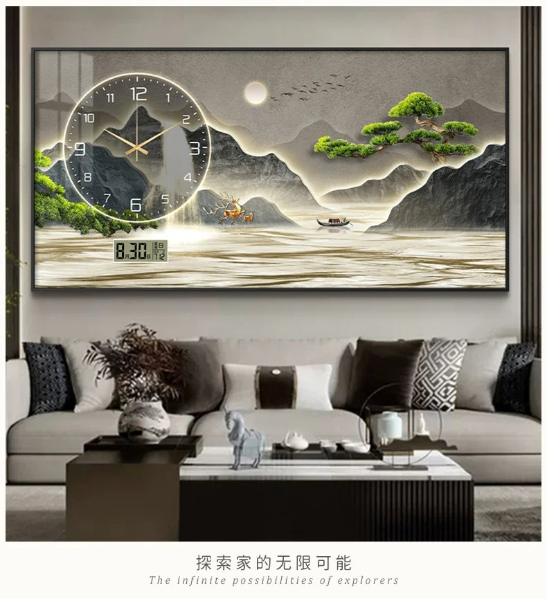 New Home Decor Wall Clock Living Room Decoration Landscape Painting Perpetual Calendar Timepiece Wall Decoration