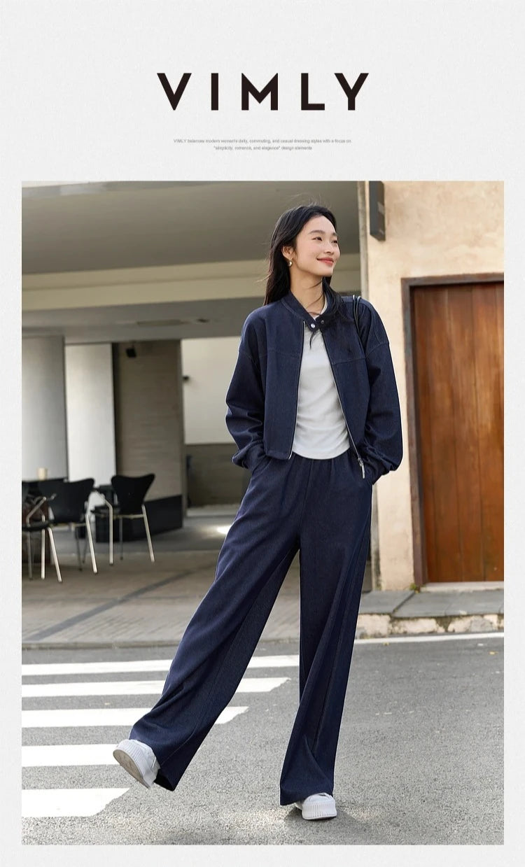 VIMLY 2 Piece Pant Set Woman Casual Outfits Women's Pant Suit 2025 Blue Stand-up Collar Jacket and Trouser Female Clothing A0119