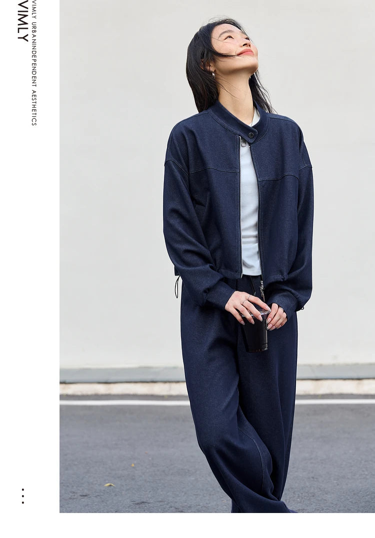 VIMLY 2 Piece Pant Set Woman Casual Outfits Women's Pant Suit 2025 Blue Stand-up Collar Jacket and Trouser Female Clothing A0119