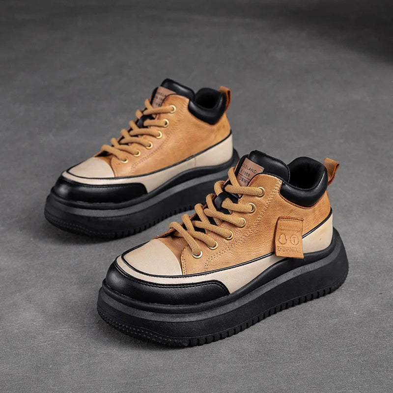 2025 New 4.5cm Genuine Leather Women's Retro Flat Sneakers Autumn Fashion Platform Shoes Ladies Casual Shoes Comfortable Flats