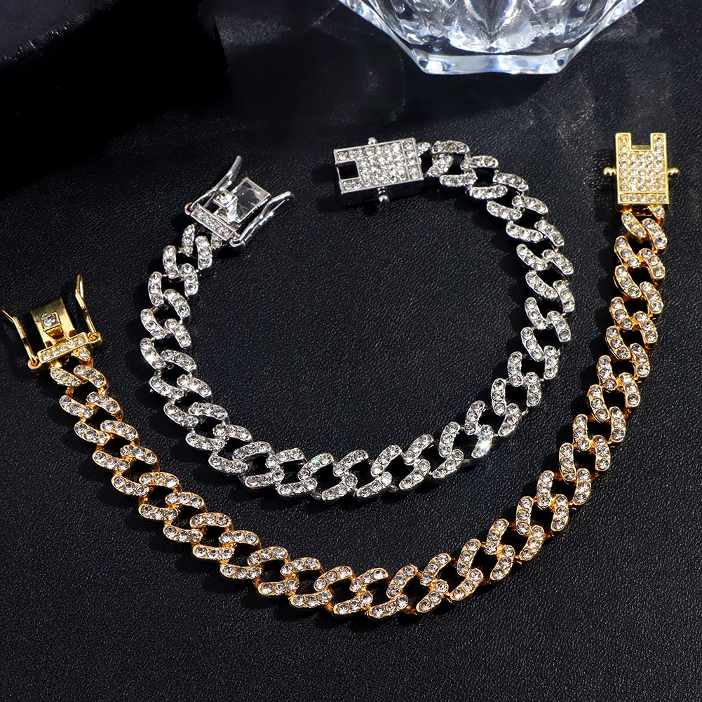 Flatfoosie Fashion Bling Rhinestone Cuban Link Chain Anklets For Women Iced Out Crystal Foot Chain Bracelet Beach Anklet Jewelry
