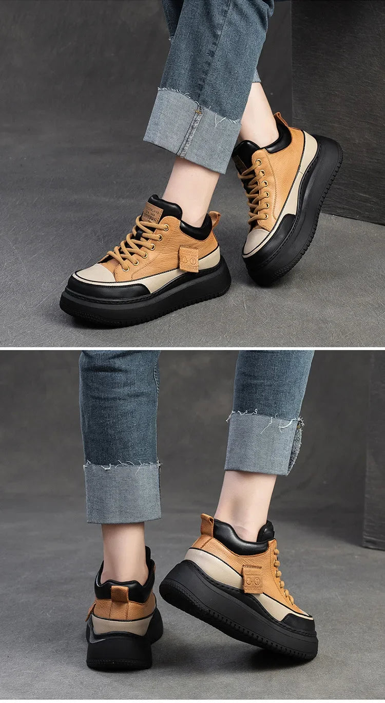 2025 New 4.5cm Genuine Leather Women's Retro Flat Sneakers Autumn Fashion Platform Shoes Ladies Casual Shoes Comfortable Flats