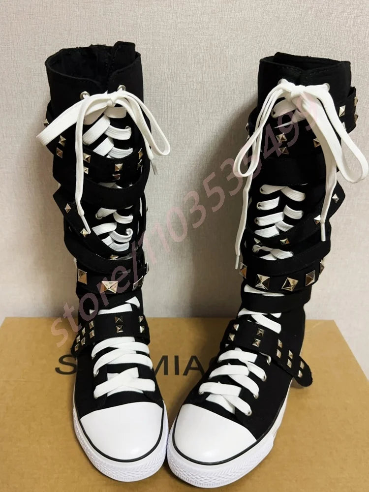 New Style Belt Buckle Rivet Canvas Boots 2025 New Round Punk Lace-Up Boots Black Street Fashion Ladies Flat Party Casual Boots