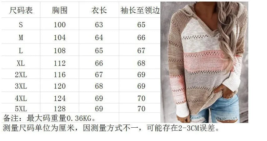 Women Patchwork Hooded Sweater Casual Long Sleeve Knitted Sweater Top Striped Elegant Pullover Jumpers Autumn Winter Plus Size