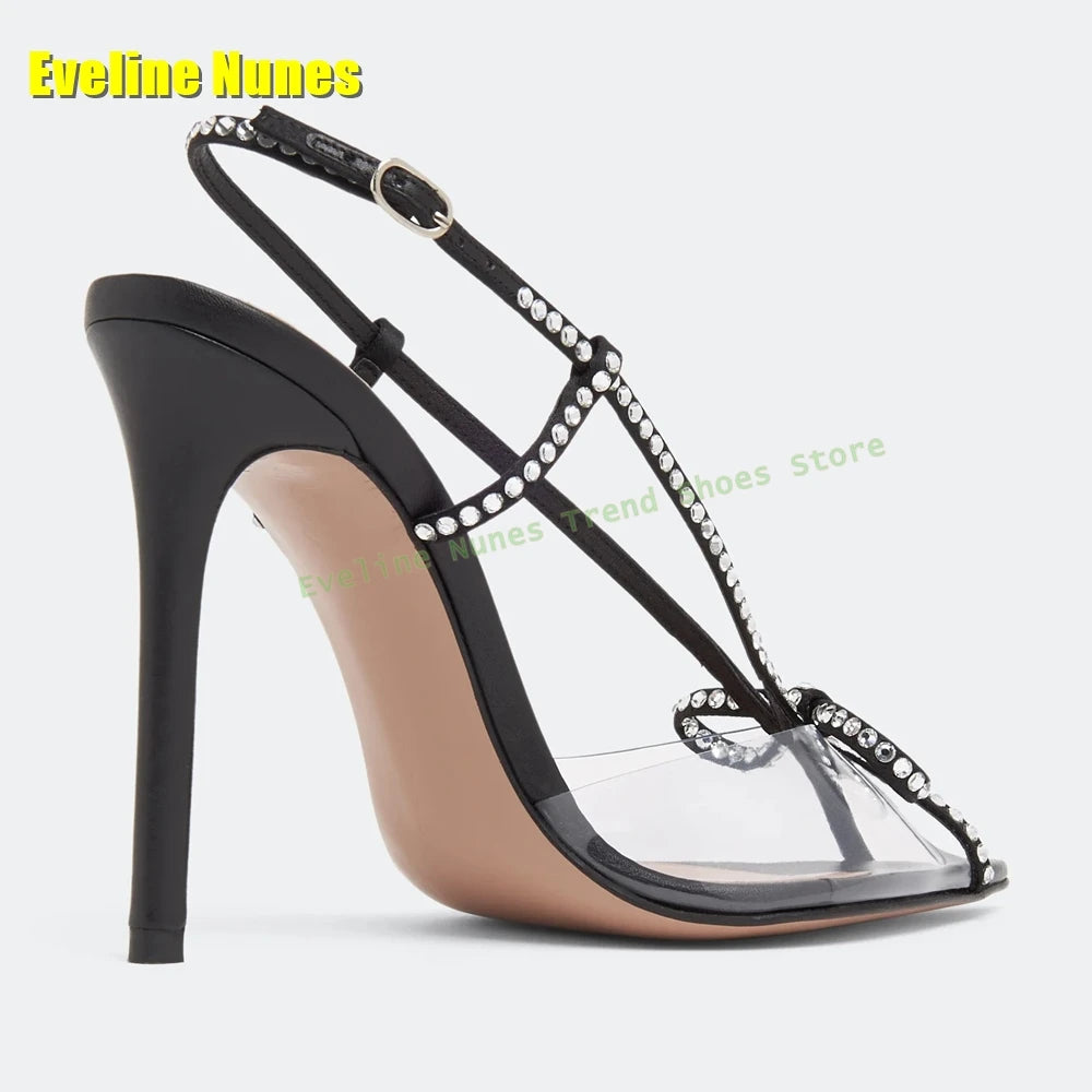 Bowknot Rhinestone Transparent Pvc Sandals Peep Toe Stiletto Side Air Patchwork Sexy Slingback High Heels Party 2025 Summer Shoe