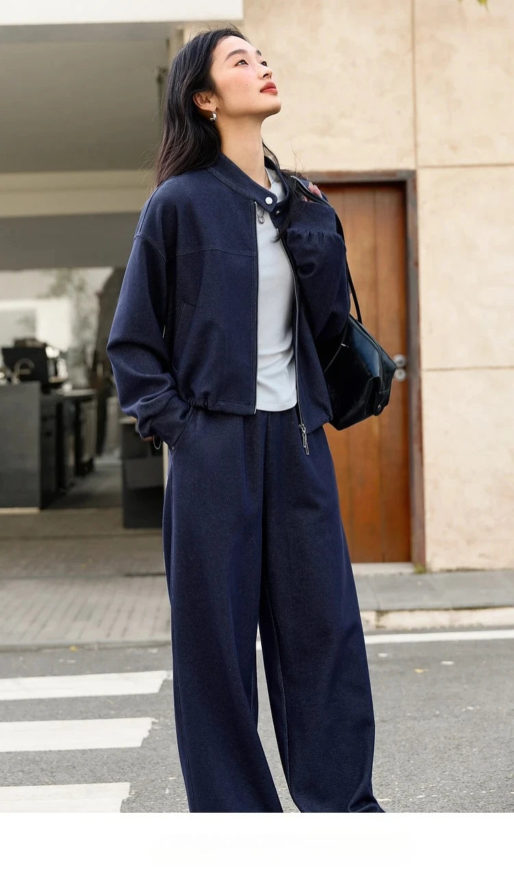 VIMLY 2 Piece Pant Set Woman Casual Outfits Women's Pant Suit 2025 Blue Stand-up Collar Jacket and Trouser Female Clothing A0119