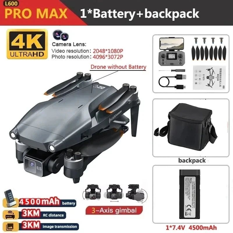 L600 PRO MAX GPS Drone Professional 4K 3-Axis PTZ HD Dual Camera Obstacle Avoidance Brushless Motor 5G WIFI RC Quadcopter Toys