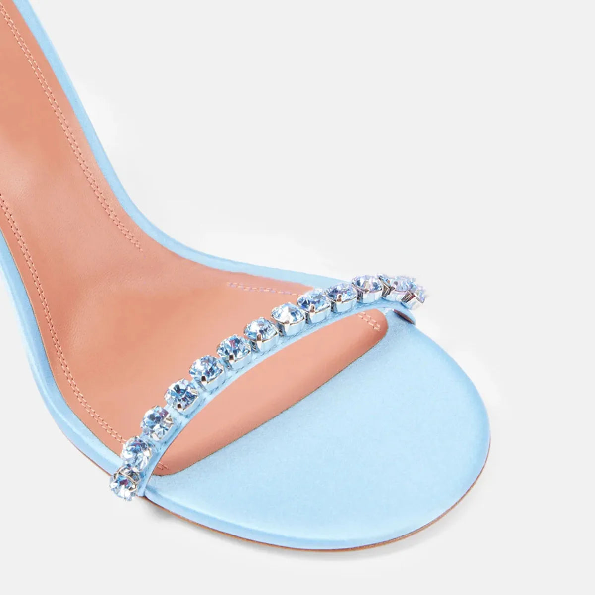 Arden Furtado 2025 Summer Blue Satin Ankle Strap Banquet Shoes Round Toe Super high heel Crystal word-cingulate sandals