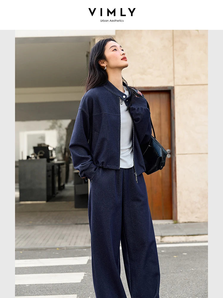 VIMLY 2 Piece Pant Set Woman Casual Outfits Women's Pant Suit 2025 Blue Stand-up Collar Jacket and Trouser Female Clothing A0119