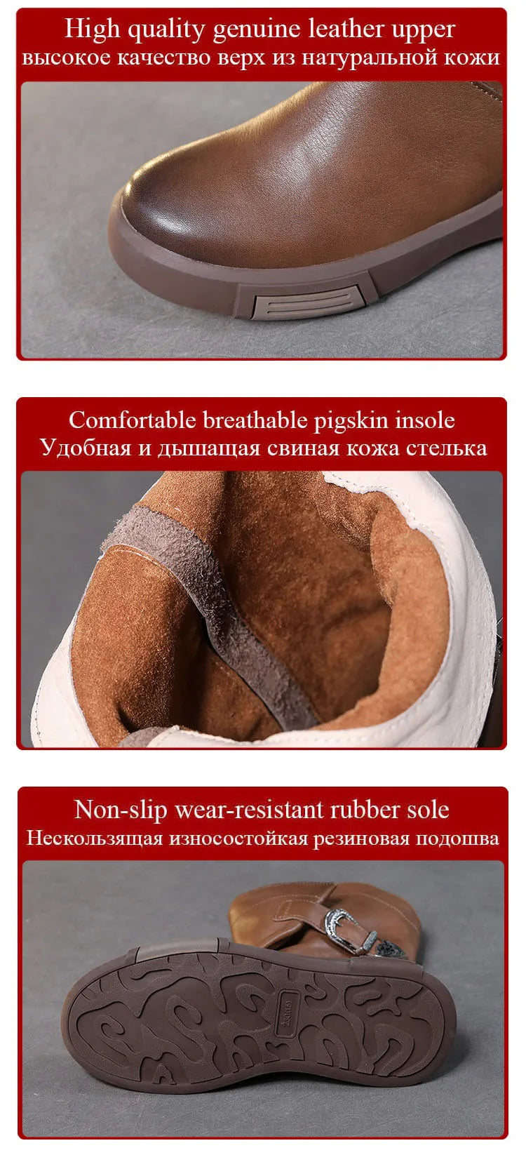 2025 Luxury Design Genuine Cow Leather Mid-Calf Boots Women Flat Side Zipper Round Toe Autumn Winter Warm Knight Boots