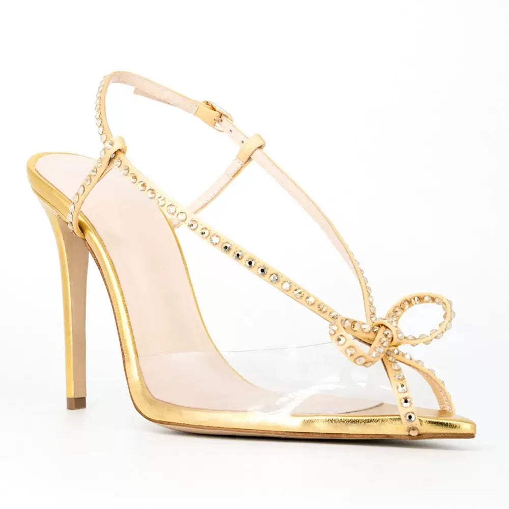 Bowknot Rhinestone Transparent Pvc Sandals Peep Toe Stiletto Side Air Patchwork Sexy Slingback High Heels Party 2025 Summer Shoe