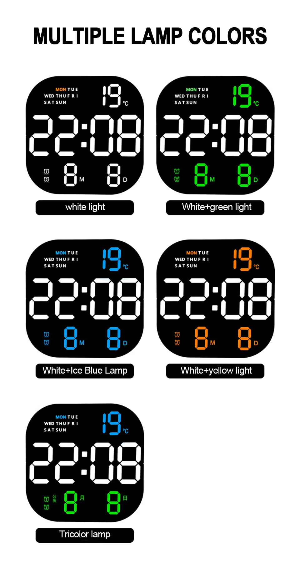 Digital Wall Clock Remote Control Temperature Date Week Display Memory Mode Desktop Clock Dual Alarms LED Clock Room Decor