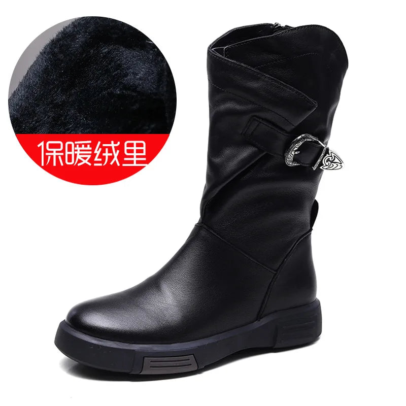 2025 Luxury Design Genuine Cow Leather Mid-Calf Boots Women Flat Side Zipper Round Toe Autumn Winter Warm Knight Boots