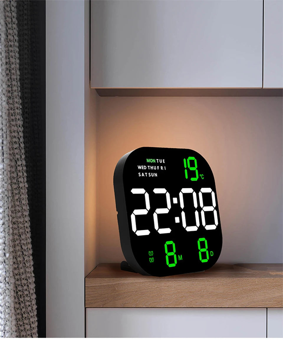 Digital Wall Clock Remote Control Temperature Date Week Display Memory Mode Desktop Clock Dual Alarms LED Clock Room Decor
