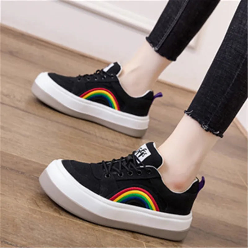 2025 Women's Casual Shoes Rainbow Thick Sole Canvas Shoes Female Student Leisure Fashion Shoes