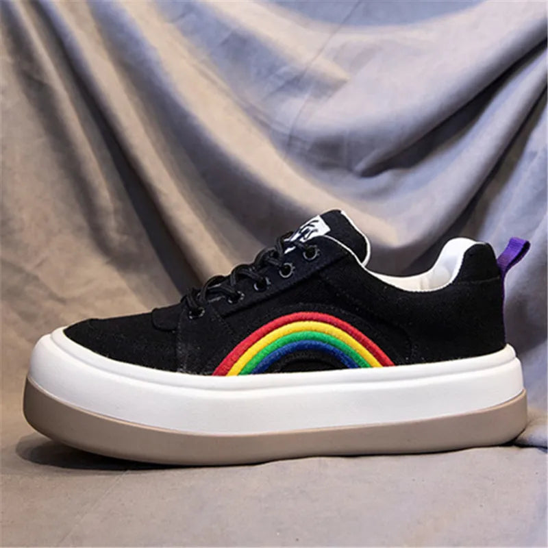 2025 Women's Casual Shoes Rainbow Thick Sole Canvas Shoes Female Student Leisure Fashion Shoes